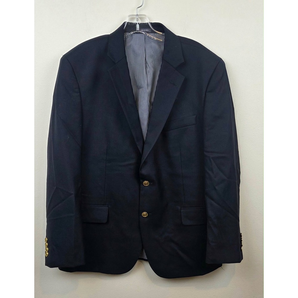 Stafford Men Navy Blue Classic Fit Blazer Gold Buttons 100% Wool Preppy Size 42S
